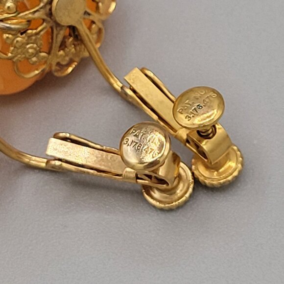 Hobe Vintage Triple Beaded Earrings Clip On Orange Gold Tone Signed - Picture 6 of 8